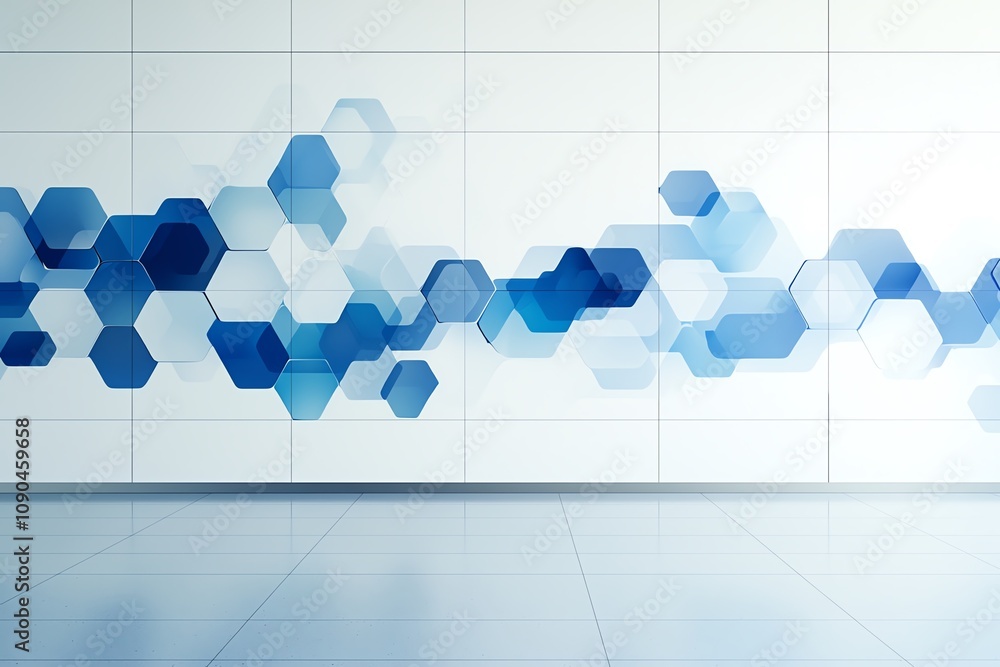 Poster a modern geometric background featuring a pattern of overlapping blue hexagons on a sleek white surf
