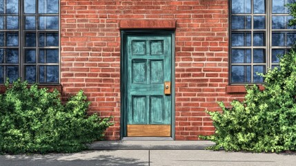 Fototapeta premium A teal door set in a brick wall, surrounded by greenery and windows.