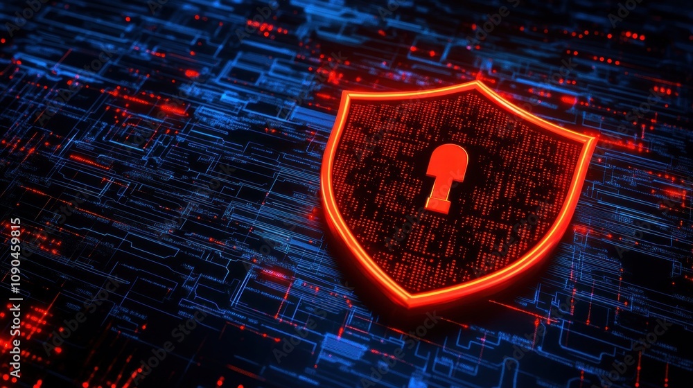 Poster a digital shield symbolizing cybersecurity, set against a futuristic, tech-inspired background.