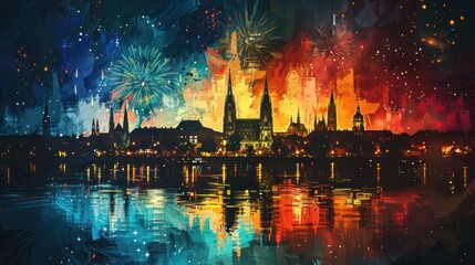 Fototapeta premium Vibrant city skyline with fireworks reflected in water at night.