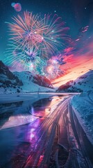 Fototapeta premium A colorful firework display illuminates the night sky over a snowy landscape, with a frozen lake reflecting the light.