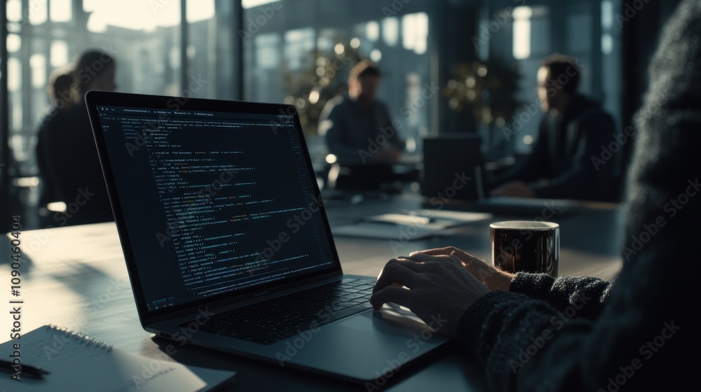 Aufkleber A person coding on a laptop in a modern office setting with colleagues in the background.