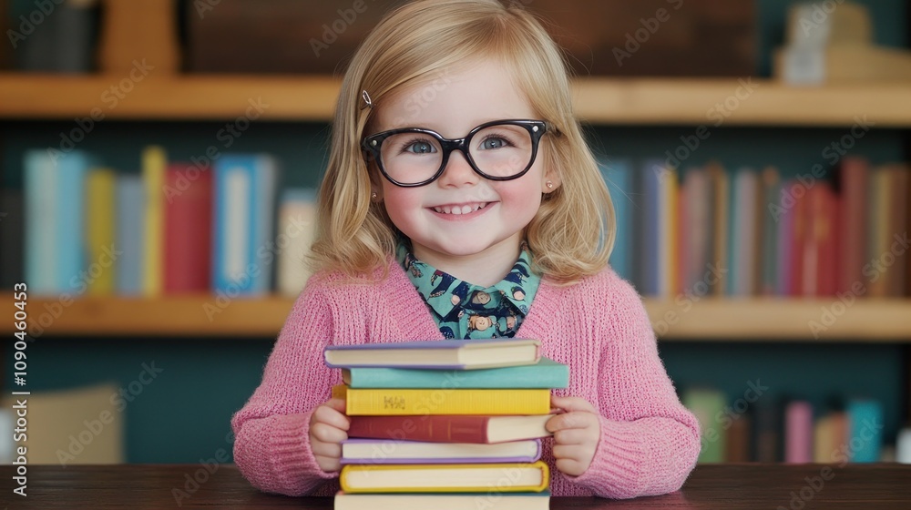 Poster a smiling girl with glasses poses with a stack of colorful books in a cozy library setting.