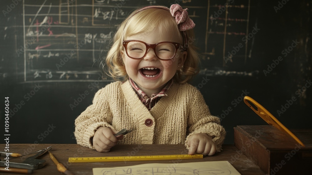 Poster a joyful child with glasses smiles while drawing at a wooden table in a classroom setting.