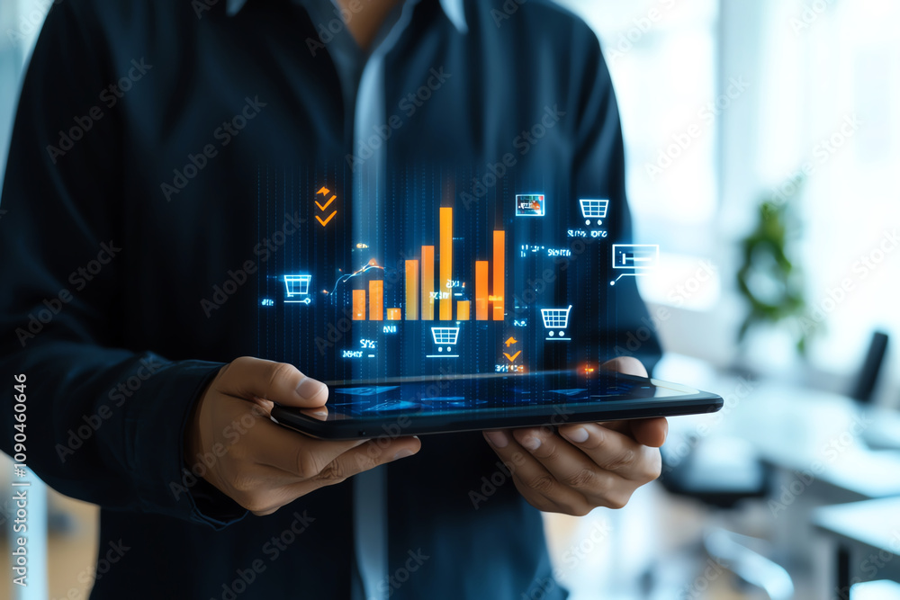 Poster a person holding a tablet displaying a digital bar graph with shopping cart icons, representing e-co