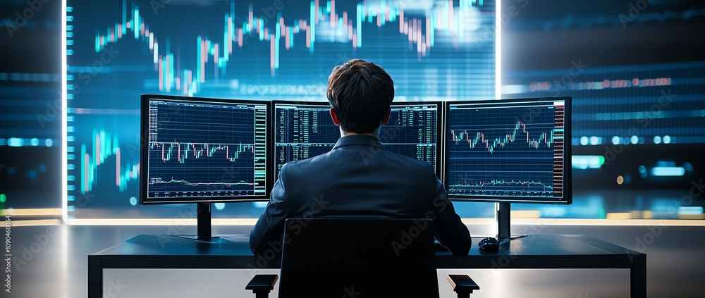 Poster a professional analyzes stock market data on multiple monitors. focused on trading, the scene depict