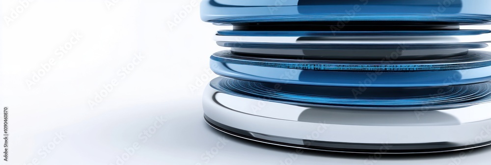 Poster A sleek, modern design featuring stacked circular elements with a blue and white color scheme.