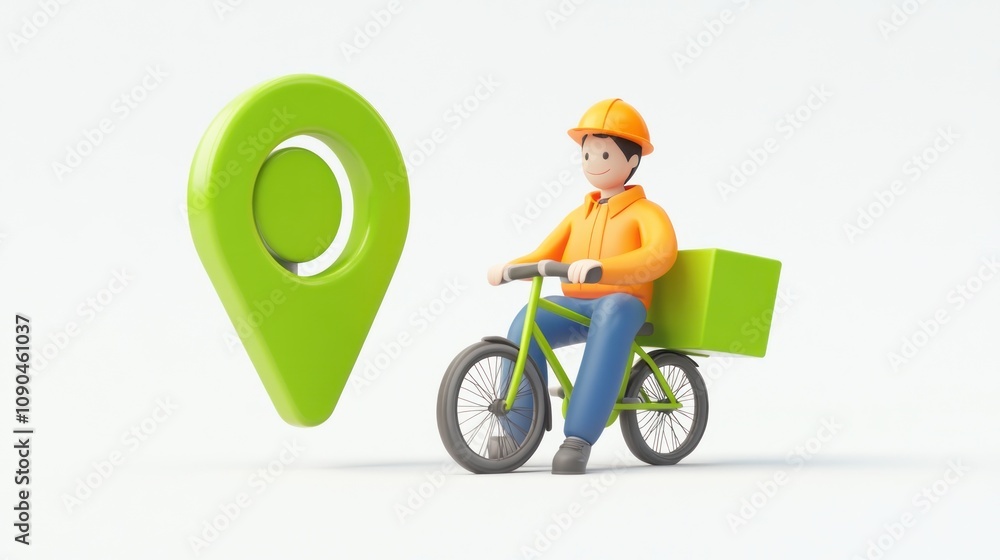 Poster a 3d illustration of a cyclist with a delivery box next to a location pin.