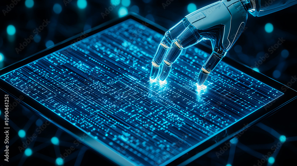 Poster a robotic hand interacts with a digital touchscreen, symbolizing advanced technology, artificial int