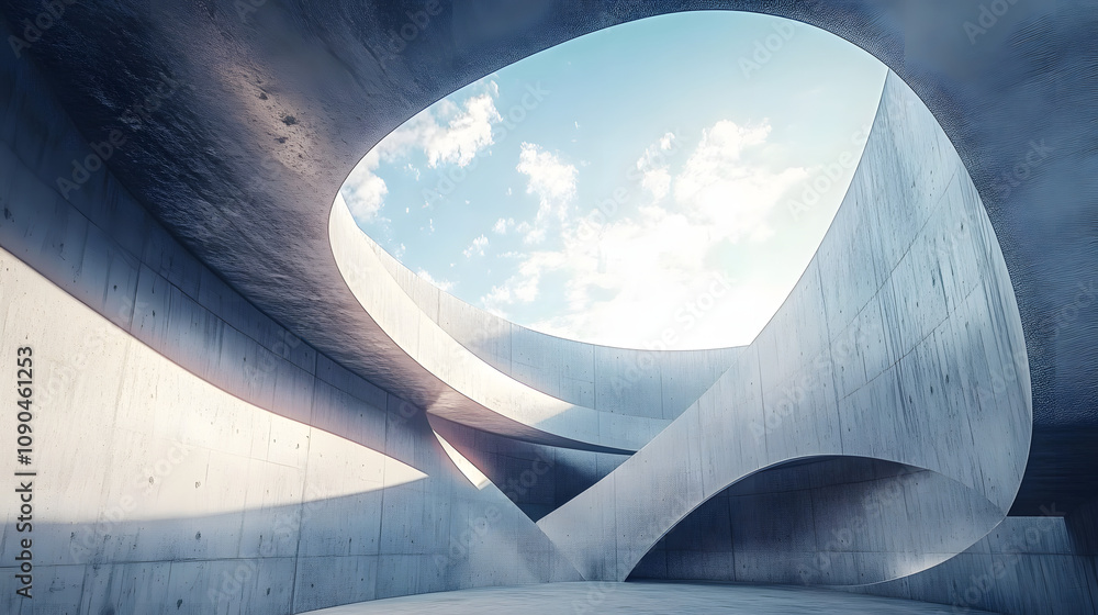 Poster abstract architectural design: concrete curves and open sky - modern minimalist concrete structure w