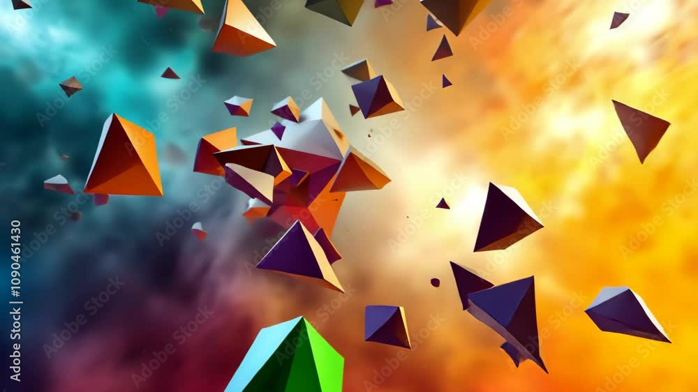 Poster a vibrant and energetic abstract composition featuring a chaotic collision of geometric solids suspe