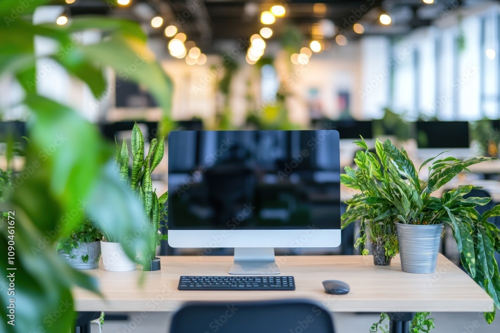Poster a modern workspace featuring a computer surrounded by greenery.