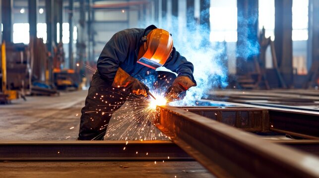 A welder working on structural steel beams, with sparks flying in a controlled environment, Welding fabrication scene