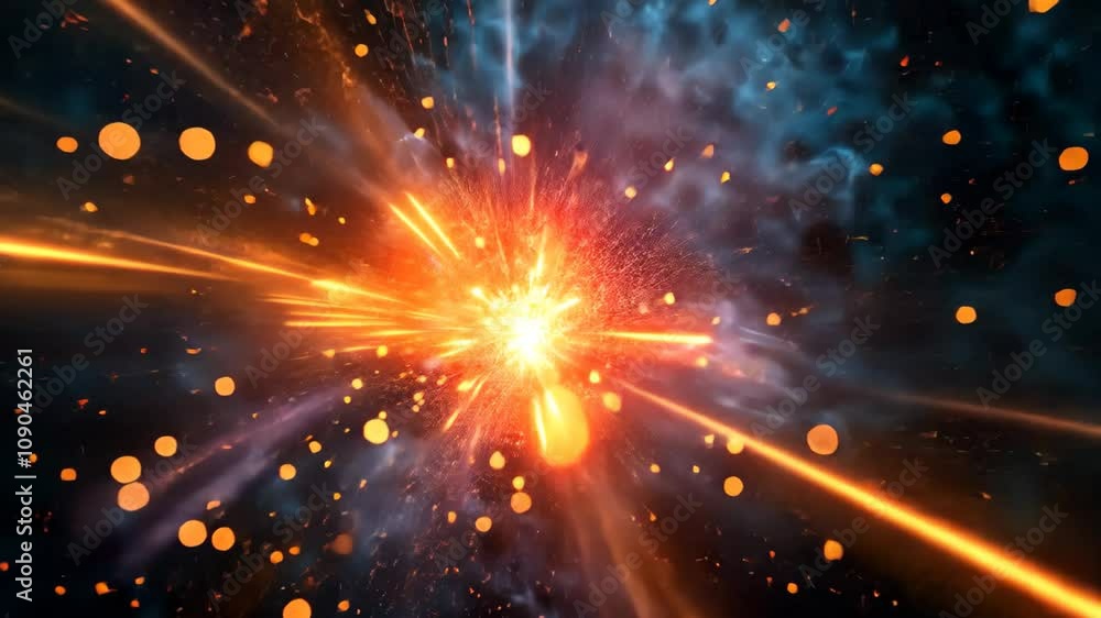 Poster a digital rendering of a fireworks display, featuring a chaotic explosion of pixelated light and col