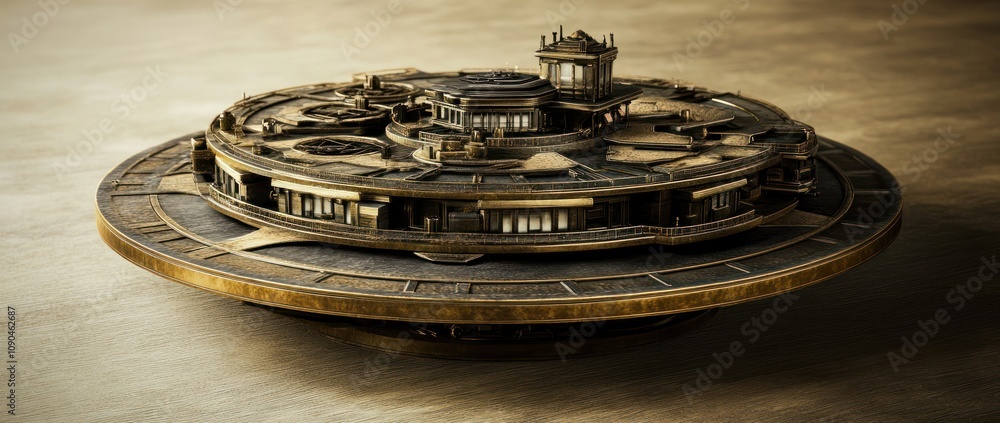 Poster A futuristic, metallic flying saucer-like structure with intricate details and a smooth base.