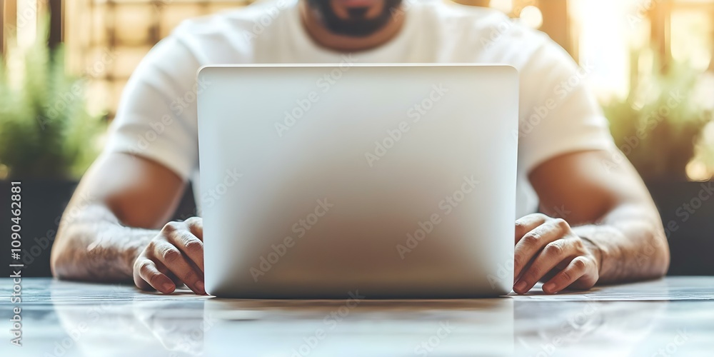 Poster a person using a laptop while seated at a table, with a focus on their hands and the computer. conce