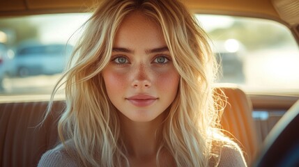 Young woman with freckles, sitting in car, natural lighting, close-up portrait, relaxed look, serene expression, peaceful mood, outdoors, candid moment, casual setting