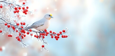 A small bird perched on a frosty branch with vibrant red berries, set against a soft, wintry background. Captures the essence of a serene winter morning in nature.