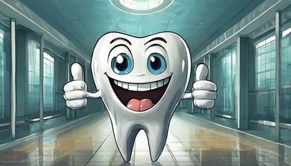 mascot like tooth with a big smile, two large eyes, and raised thumbs on both sides, giving a double thumbs-up gesture. ai generated