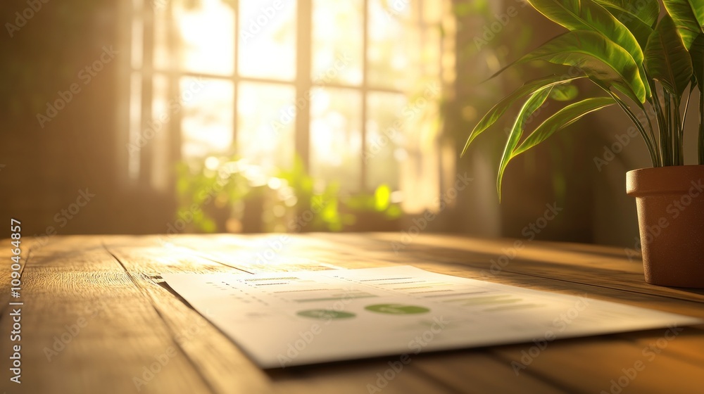 Poster A document rests on a wooden table, illuminated by sunlight through a window with plants.