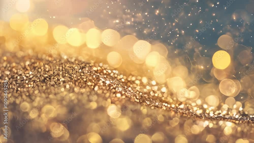 Aufkleber shimmering golden glitter scattered across a textured surface with glowing bokeh lights, creating a 