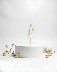 Pastel light 3d geometric white blue beige podium platform with golden decor and pine brabches for product. Christmas minimal scene for cosmetic products.
