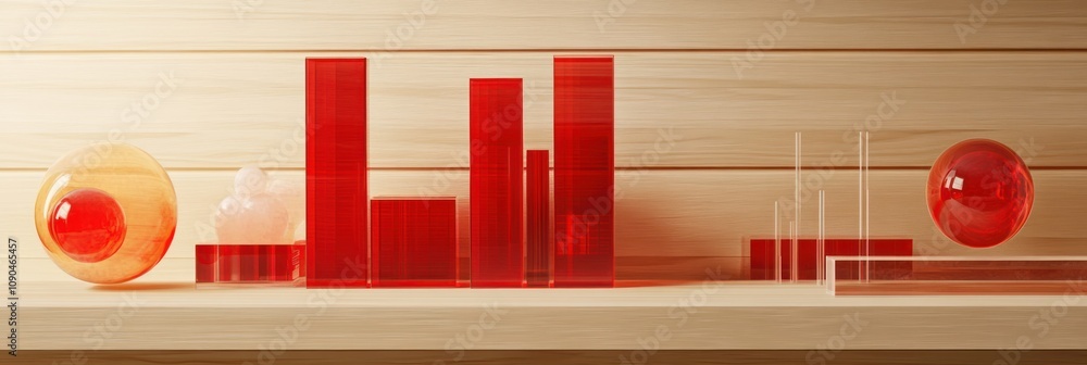 Poster A minimalist display of red translucent shapes arranged on a wooden shelf.