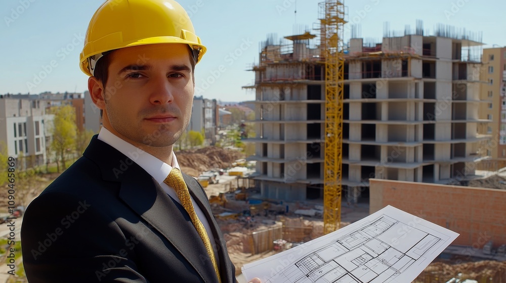 Leinwandbilder an architect in a yellow hard hat and suit, holding architectural plans and looking directly at the 