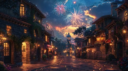 Obraz premium A vibrant street scene with fireworks and charming architecture.