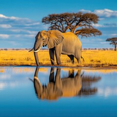 Obraz premium Solitary Elephant Quenching Thirst at Namibia Waterhole - African Wildlife Safari