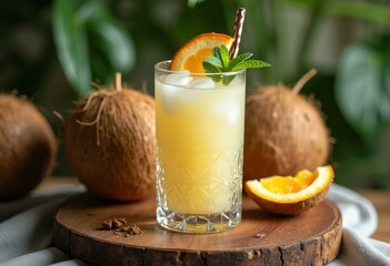Tropical cocktail with orange slice, mint, and coconut on wooden surface