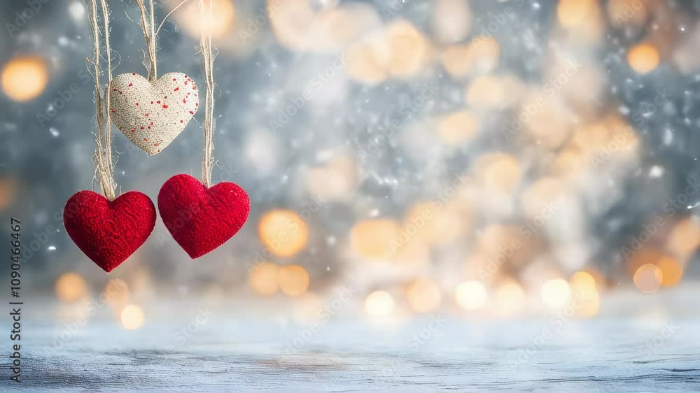 Poster three textured hearts hanging on strings against a warm and sparkling bokeh background, evoking feel