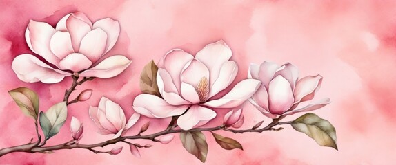 Obraz premium Watercolor magnolia flowers on branches with leaves on a pink gradient background.