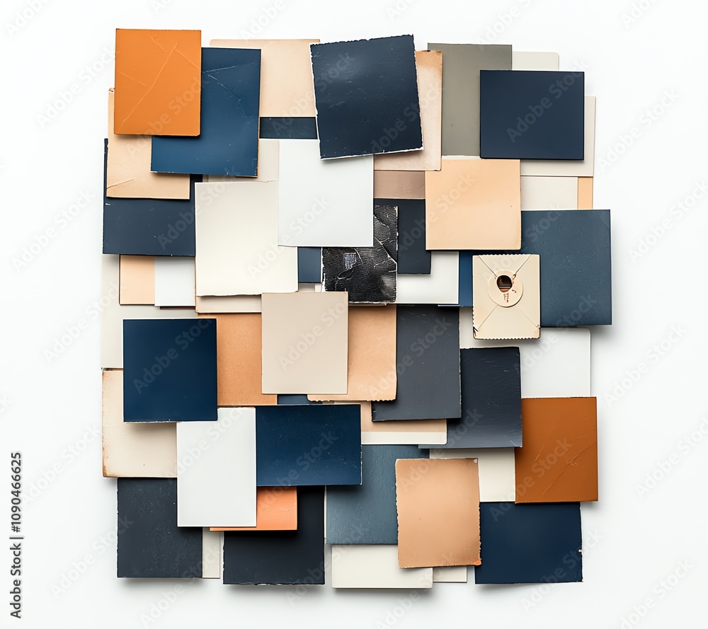 Poster abstract composition of various colored squares arranged randomly, creating a dynamic visual pattern