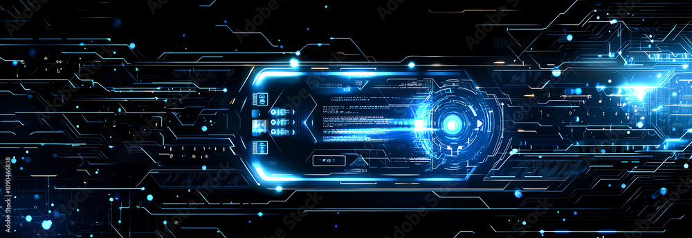 Poster abstract digital circuit with glowing blue lights representing futuristic technology and data flow i