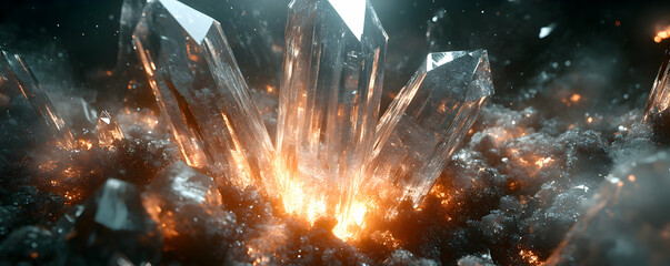 Glowing Crystal Formation Emerging From Dark Ashy Ground, a 3D Rendered Abstract Background