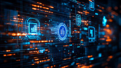 Fototapeta premium Abstract digital interface with glowing neon icons and data flow, representing advanced technology and information network concepts on a dark background.
