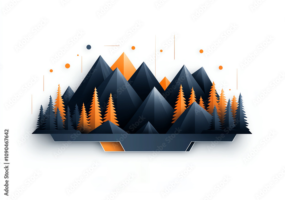 Poster abstract geometric mountains with pine trees in a modern design. dark and orange tones create a uniq