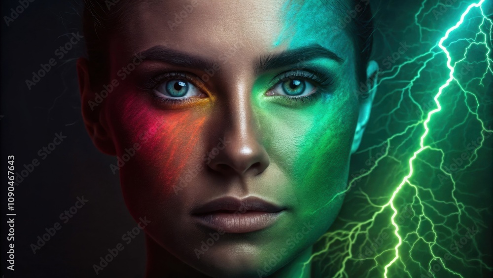 Poster With a captivating stare half of the face is obscured by a spectrum of vivid pixels. Electric green light frames the image casting an edgy digital atmosphere that draws the viewer