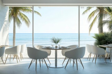 Fototapeta premium Oceanfront restaurant table with white chairs.