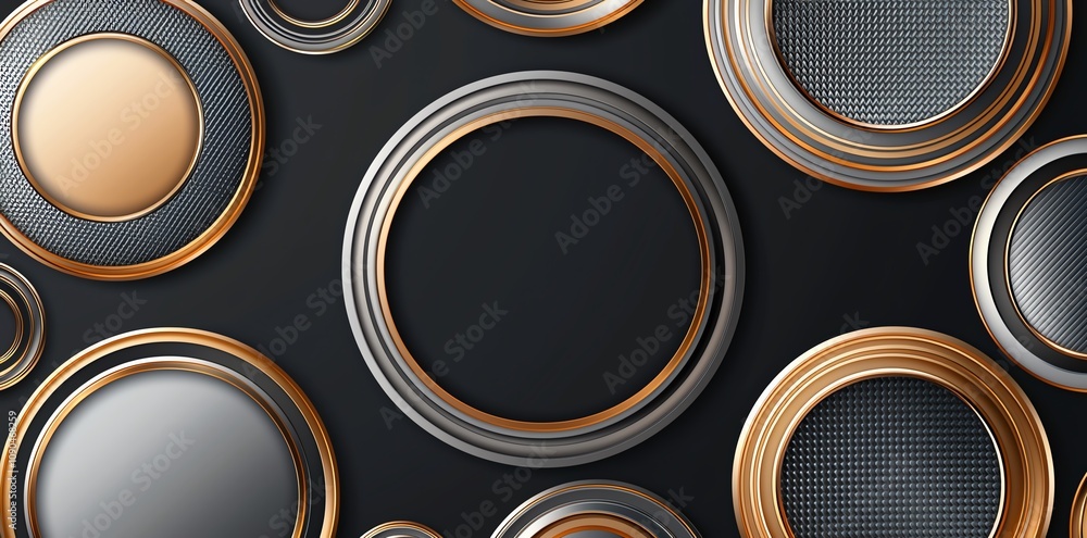 Poster abstract metallic circles layered with textures on a dark background, creating a modern, sophisticat