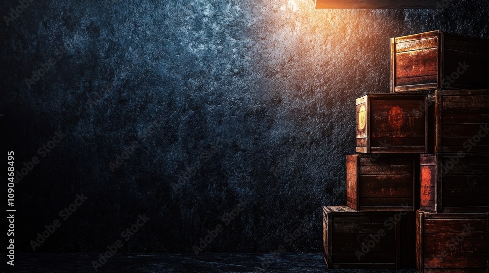 Poster a stack of wooden crates in a dimly lit, textured environment.
