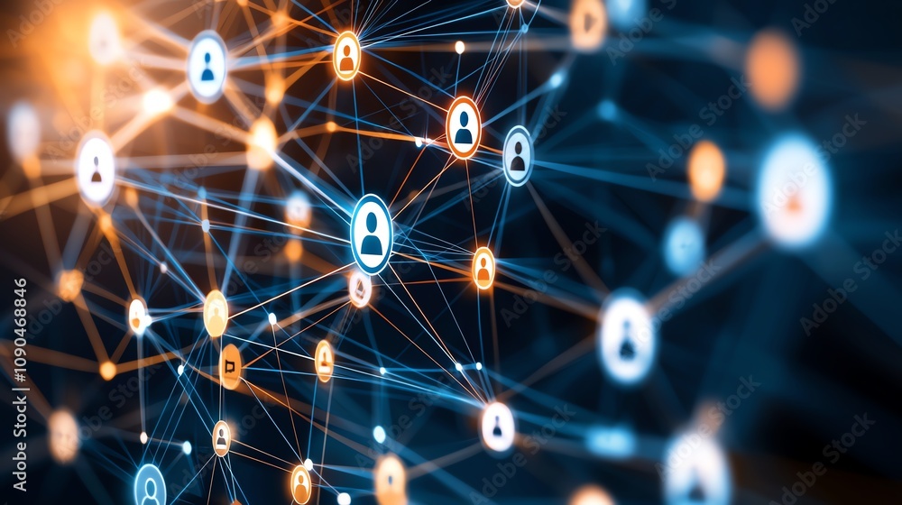 Poster abstract visualization of a digital network, connecting people through glowing nodes, representing d