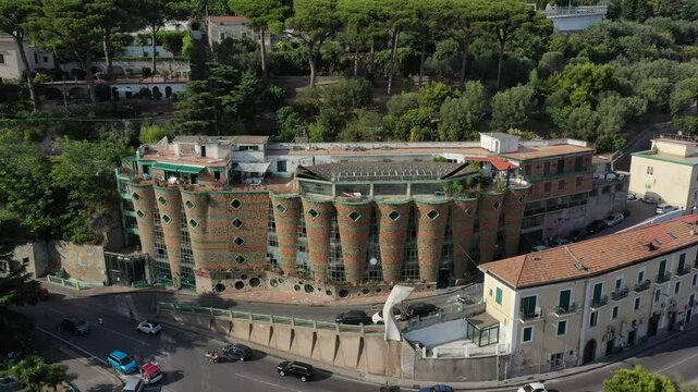 Aerial view of the central part of Vietri Sul Mare on a sunny summer day, Raite, Salerno, Italy