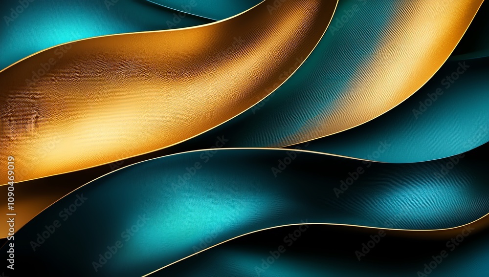 Poster abstract waves of gold and teal create a dynamic and luxurious composition. perfect for backgrounds,