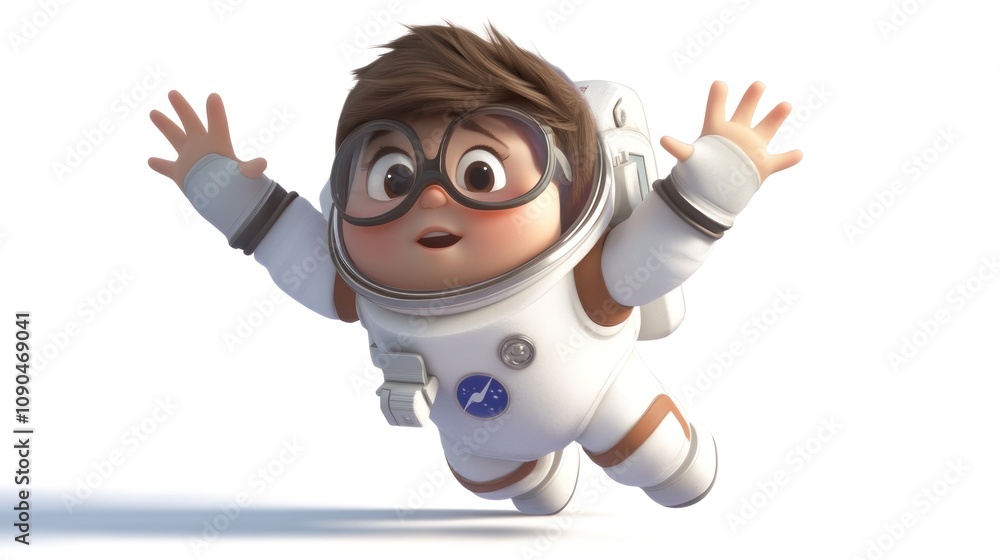 Aufkleber a cheerful cartoon character in a space suit, floating joyfully in a cosmic environment.
