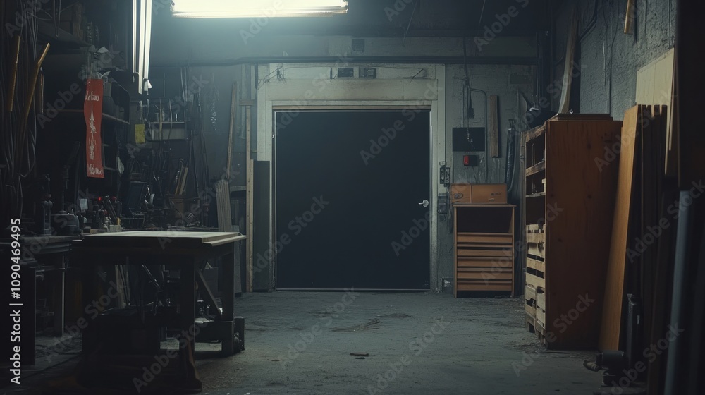 Poster A dimly lit workshop with tools and storage, suggesting a space for craftsmanship.