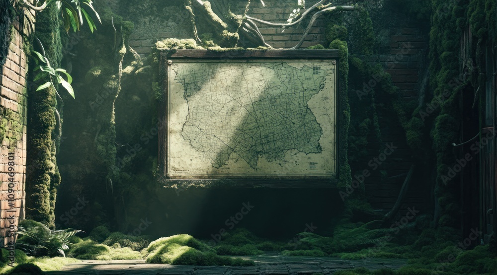 Poster A weathered map hangs in a lush, overgrown environment, suggesting exploration and discovery.