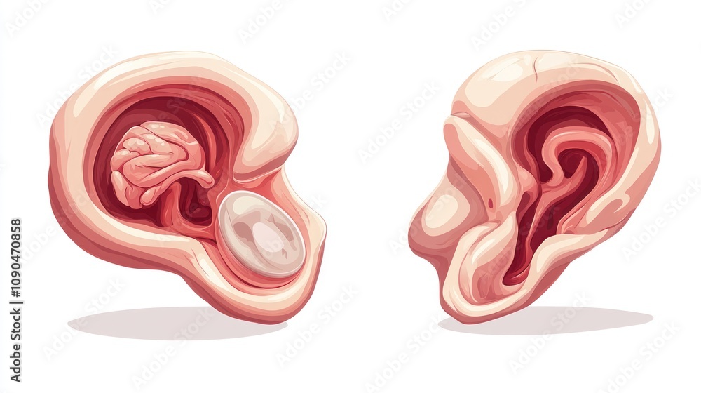 Aufkleber illustration of an ear showing internal structures and a brain-like element.