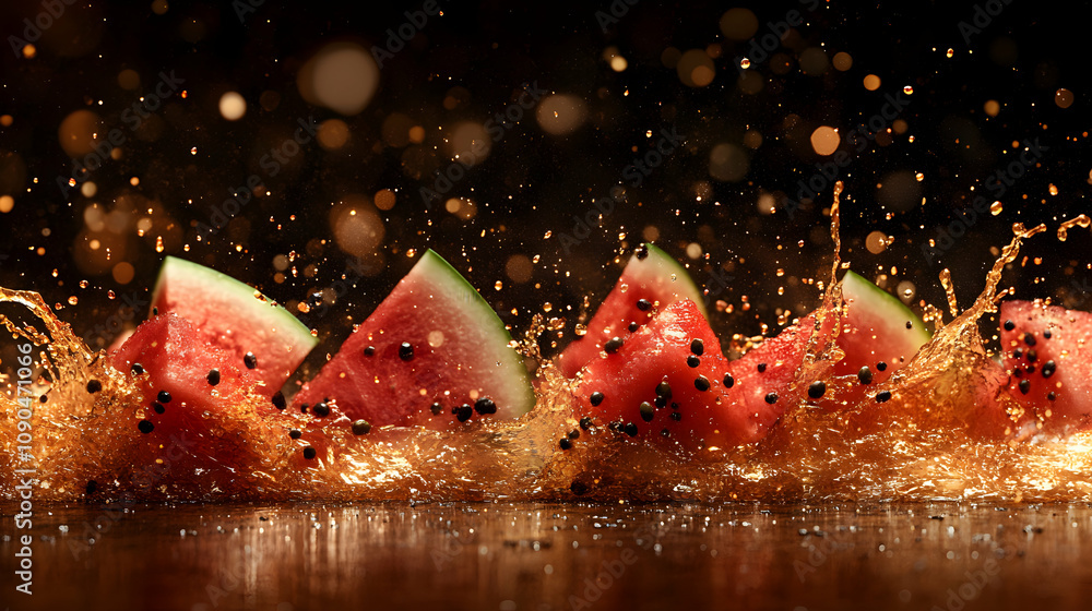 Poster watermelon slices splashing in a refreshing orange liquid with a black background and golden bokeh